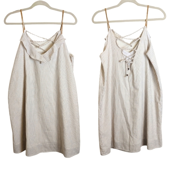 Boho Micro Striped Shift Mini Dress Ruffled Neckline Corset Back Women's Size L - Picture 1 of 12